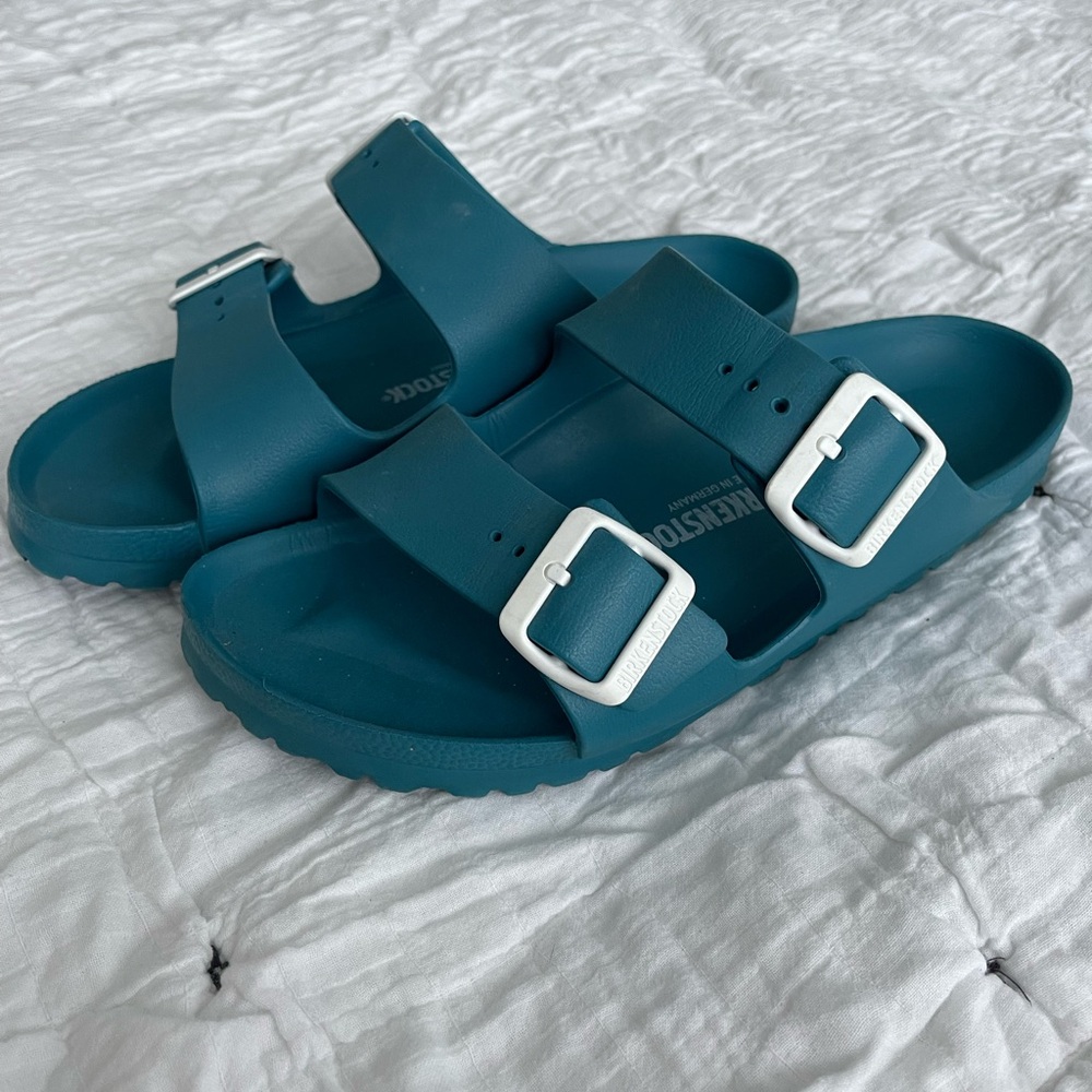 Birkenstock Teal Sandals with White Buckles